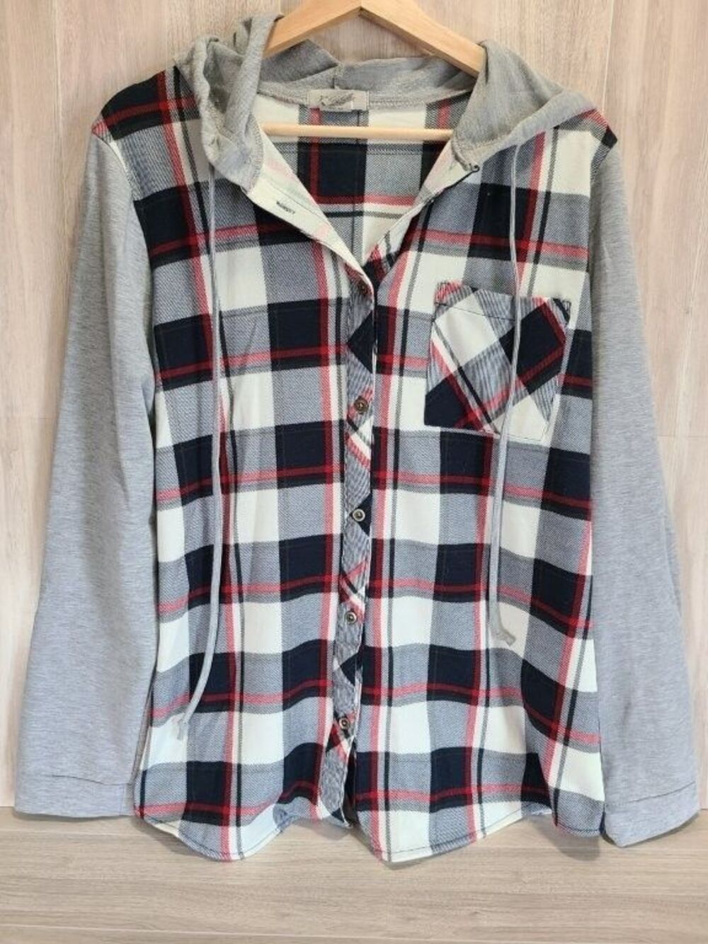 Passport Womens L Plaid Hooded Shirt Gray Red Long Sleeve Layered Knit Button Up